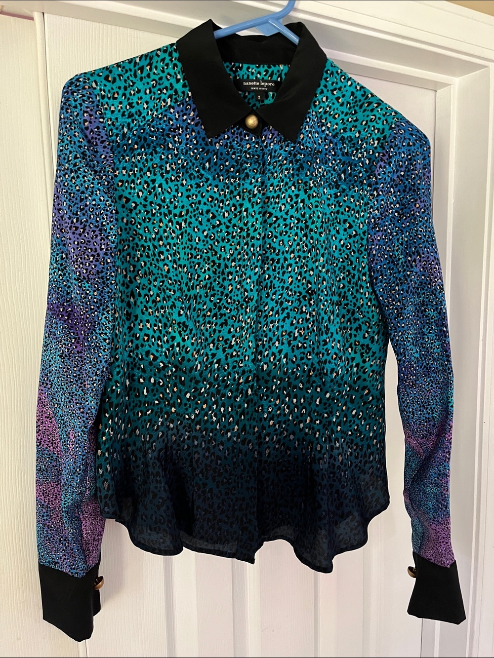 Nanette Lepore Teal, Blue & Purple Leopard Print Button-Up Blouse